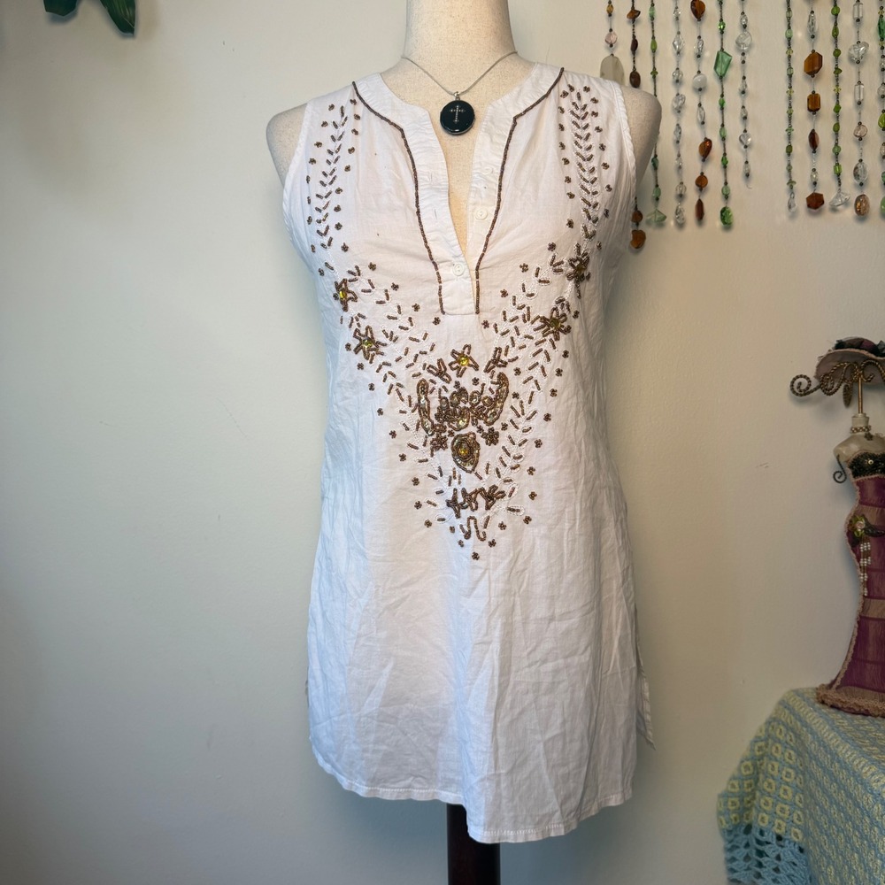 Lulumari White Beaded Sequin Cotton Tunic Top Boho Fairycore Y2K Sleeveless S